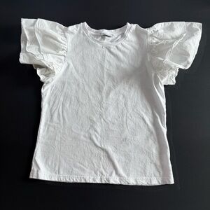 Women's White Short Sleeve Tee with Ruffled Details, size S, 100% cotton.